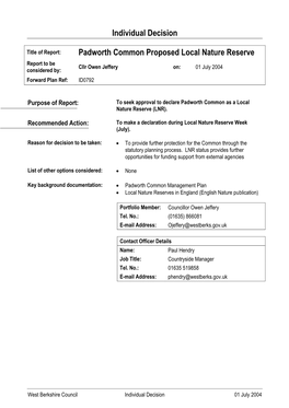 Individual Decision Padworth Common Proposed Local Nature