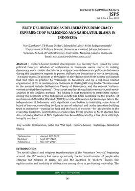 Elite Deliberation As Deliberative Democracy: Experience of Walisongo and Nahdlatul Ulama in Indonesia