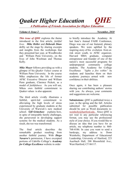 Quaker Higher Education QHE a Publication of Friends Association for Higher Education