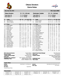 Ottawa Senators Game Notes