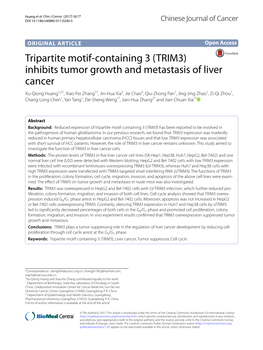 Tripartite Motif-Containing 3 (TRIM3) Inhibits Tumor Growth And