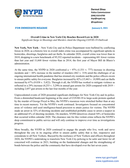 Overall Crime in New York City Reaches Record Low in 2020 Significant Surge in Shootings and Murders Amid the Ongoing COVID-19 Outbreak