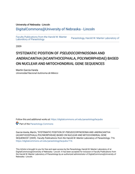 Acanthocephala, Polymorphidae) Based on Nuclear and Mitochondrial Gene Sequences