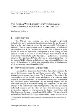 The Chilean Wine Industry - Its Technological Transformation and New Export Orientation*