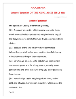 APOCRYPHA Letter of Jeremiah of the KING JAMES BIBLE 1611