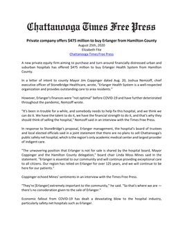 Private Company Offers $475 Million to Buy Erlanger from Hamilton County August 25Th, 2020 Elizabeth Fite Chattanooga Times Free Press