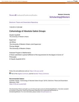 Cohomology of Absolute Galois Groups