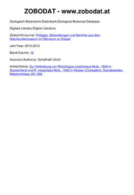 Zur Verbreitung Von Rhizotrogus Cicatricosus Muls., 1842 in Deutschland Und R