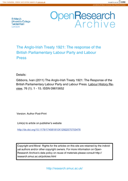 The Anglo-Irish Treaty 1921: the Response of the British Parliamentary Labour Party and Labour Press