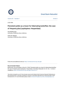 Persistent Pollen As a Tracer for Hibernating Butterflies: the Case of Hesperia Juba (Lepidoptera: Hesperiidae)