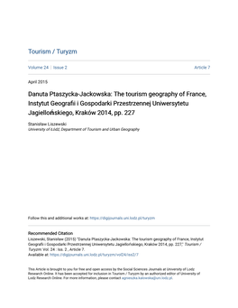 Danuta Ptaszycka-Jackowska: the Tourism Geography of France, Instytut Geografii I Gospodarki Przestrzennej Uniwersytetu Jagiellońskiego, Kraków 2014, Pp