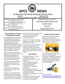 APCS NEWS the Newsletter of the Australia Photographic Collectors Society Issue 56 February 2016 Incorporation Registration No