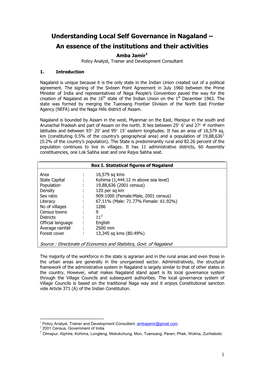 Understanding Local Self Governance in Nagaland – an Essence of the Institutions and Their Activities Amba Jamir1 Policy Analyst, Trainer and Development Consultant