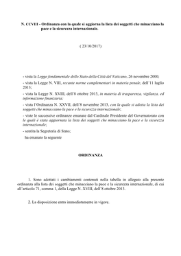 N. CCVIII - Ordinanza Con La Quale Si Aggiorna La Lista Dei Soggetti Che Minacciano La Pace E La Sicurezza Internazionale