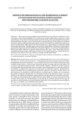 Hidden Dichromatism in the Burrowing Parrot (Cyanoliseus Patagonus) As Revealed by Spectrometric Colour Analysis