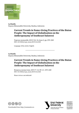 Current Trends in Name-Giving Practices of the Buton People: the Impact of Globalisation on the Anthroponymy of Southeast Sulawesi