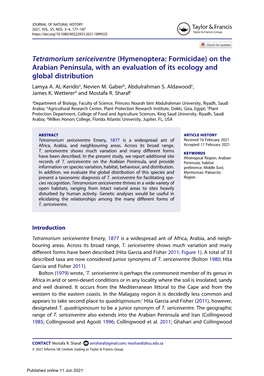 Tetramorium Sericeiventre (Hymenoptera: Formicidae) on the Arabian Peninsula, with an Evaluation of Its Ecology and Global Distribution Lamya A