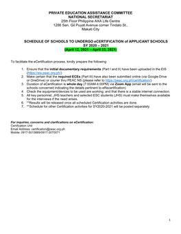 PRIVATE EDUCATION ASSISTANCE COMMITTEE NATIONAL SECRETARIAT 25Th Floor Philippine AXA Life Centre 1286 Sen