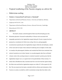 Tropical Weathering of the Taconic Orogeny As a Driver for Ordovician Cooling