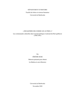 DES QUÉBÉCOIS COMME LES AUTRES »? Les Communautés Culturelles Dans Le Projet Politique Et National Du Parti Québécois (1968-1981)