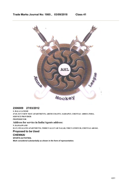 Trade Marks Journal No: 1865 , 03/09/2018 Class 41