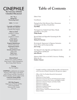 Table of Contents the University of British Columbia’S Film Journal