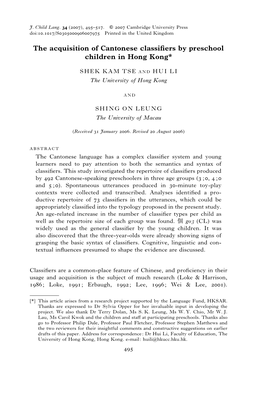 The Acquisition of Cantonese Classifiers by Preschool Children in Hong Kong