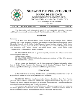Senado De Puerto Rico Diario De Sesiones Procedimientos Y Debates De La Decimosexta Asamblea Legislativa Septima Sesion Ordinaria Año 2012 Vol