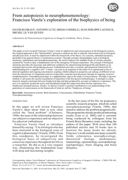 From Autopoiesis to Neurophenomenology: Francisco Varela’S Exploration of the Biophysics of Being