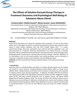 The Effects of Solution-Focused Group Therapy in Treatment Outcomes and Psychological Well-Being of Substance Abuse Clients