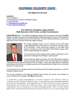 The California Collegiate League Selects MLB Executive, Rick Turner, As New Commissioner