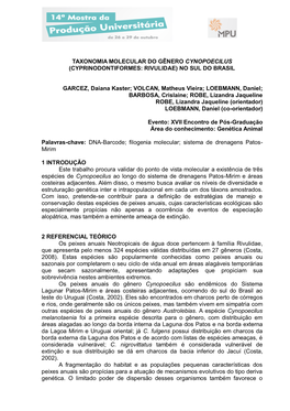 Taxonomia Molecular Do Gênero Cynopoecilus (Cyprinodontiformes: Rivulidae) No Sul Do Brasil