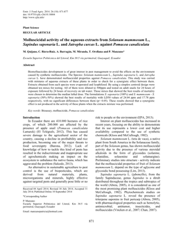 Molluscicidal Activity of the Aqueous Extracts from Solanum Mammosum L., Sapindus Saponaria L