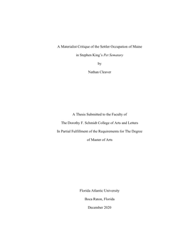 A Materialist Critique of the Settler Occupation of Maine in Stephen King’S Pet Sematary