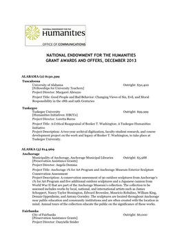 National Endowment for the Humanities Grant Awards and Offers, December 2013