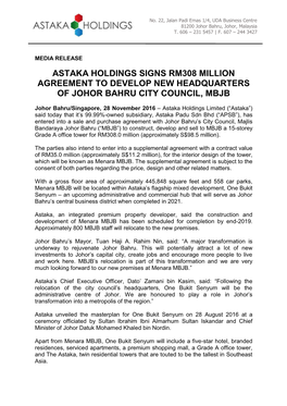 Astaka Holdings Signs Rm308 Million Agreement to Develop New Headquarters of Johor Bahru City Council, Mbjb
