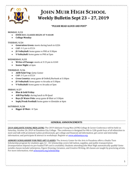 JOHN MUIR HIGH SCHOOL Weekly Bulletin Sept 23 – 27, 2019