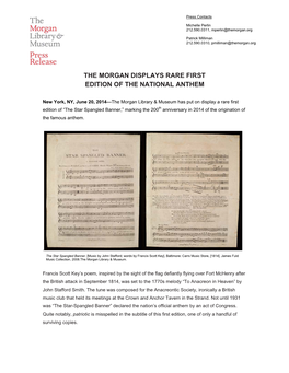 The Morgan Displays Rare First Edition of the National Anthem