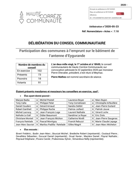 DÉLIBÉRATION DU CONSEIL COMMUNAUTAIRE Participation Des Communes À L'emprunt Sur Le Bâtiment De L'antenne D'eygurande