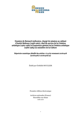 Dossiers De Bernard Anthonioz, Chargé De Mission Au Cabinet