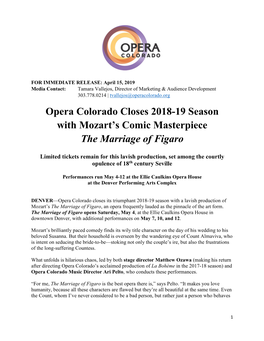 Opera Colorado Closes 2018-19 Season with Mozart's Comic