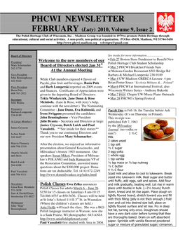 PHCWI NEWSLETTER FEBRUARY (Luty ) 2010, Volume 9, Issue 2 the Polish Heritage Club of Wisconsin, Inc