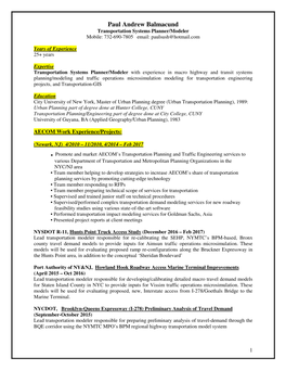 Paul Andrew Balmacund Transportation Systems Planner/Modeler Mobile: 732-690-7805 Email: Paulsush@Hotmail.Com