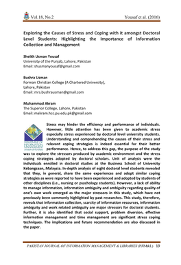 Exploring the Causes of Stress and Coping with It Amongst Doctoral Level Students: Highlighting the Importance of Information Collection and Management