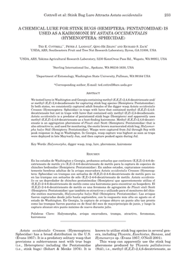 A Chemical Lure for Stink Bugs (Hemiptera: Pentatomidae) Is Used As a Kairomone by Astata Occidentalis (Hymenoptera: Sphecidae)