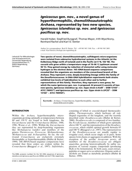 Ignicoccus Gen. Nov., a Novel Genus of Hyperthermophilic, Chemolithoautotrophic Archaea, Represented by Two New Species, Ignicoccus Islandicus Sp