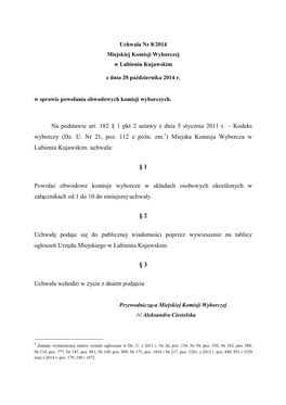 Uchwała Nr 8/2014 Miejskiej Komisji Wyborczej W Lubieniu Kujawskim Z