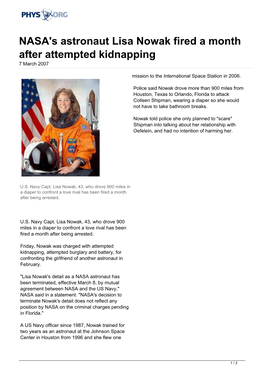 NASA's Astronaut Lisa Nowak Fired a Month After Attempted Kidnapping 7 March 2007