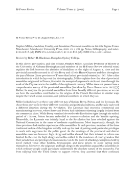 Stephen Miller, Feudalism, Venality, and Revolution: Provincial Assemblies in Late-Old Regime France