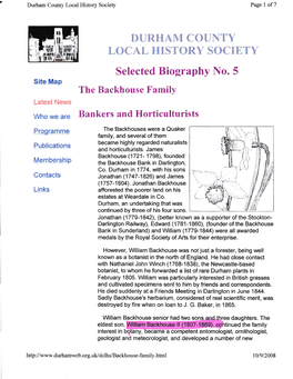 DURHAM COUNTY LOCAL HISTORY SOCIETY Selected Biography No. 5 Site Map the Backhouse Family Latest News